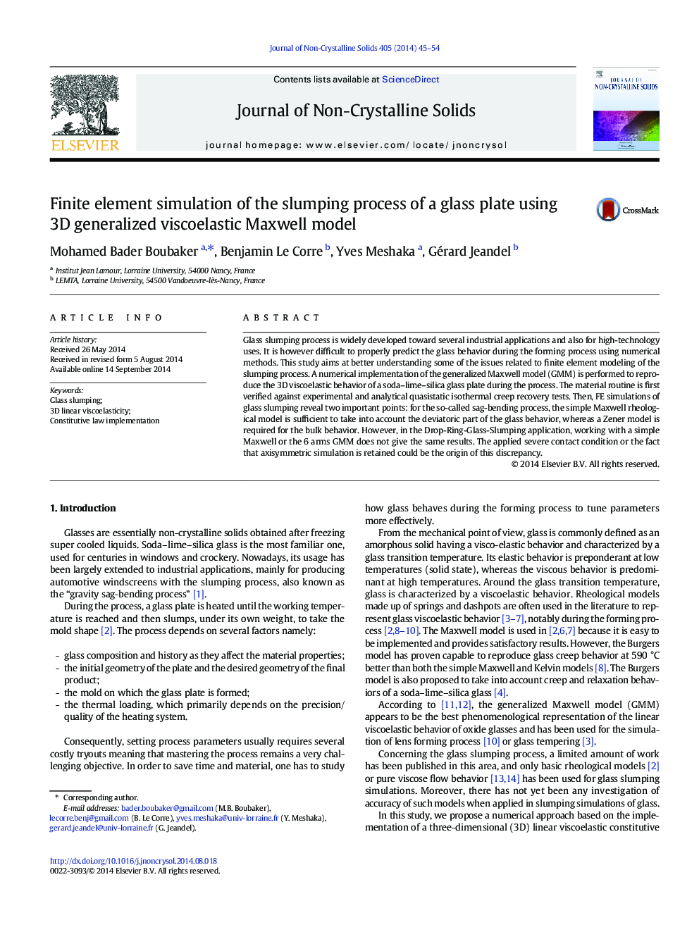 Finite element simulation of the slumping process of a glass plate using 3D generalized viscoelastic Maxwell model