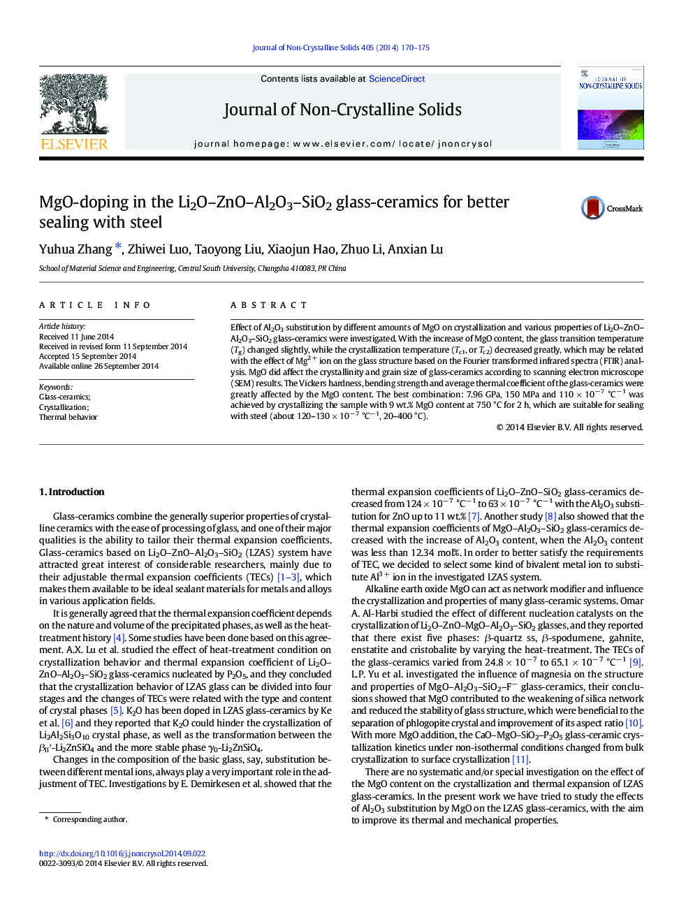 MgO-doping in the Li2O–ZnO–Al2O3–SiO2 glass-ceramics for better sealing with steel