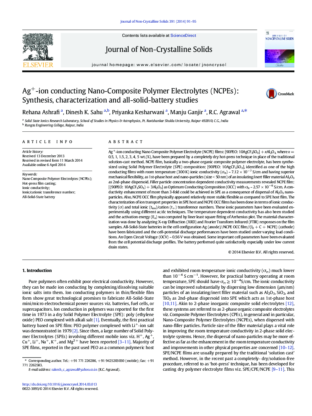 Ag+-ion conducting Nano-Composite Polymer Electrolytes (NCPEs): Synthesis, characterization and all-solid-battery studies