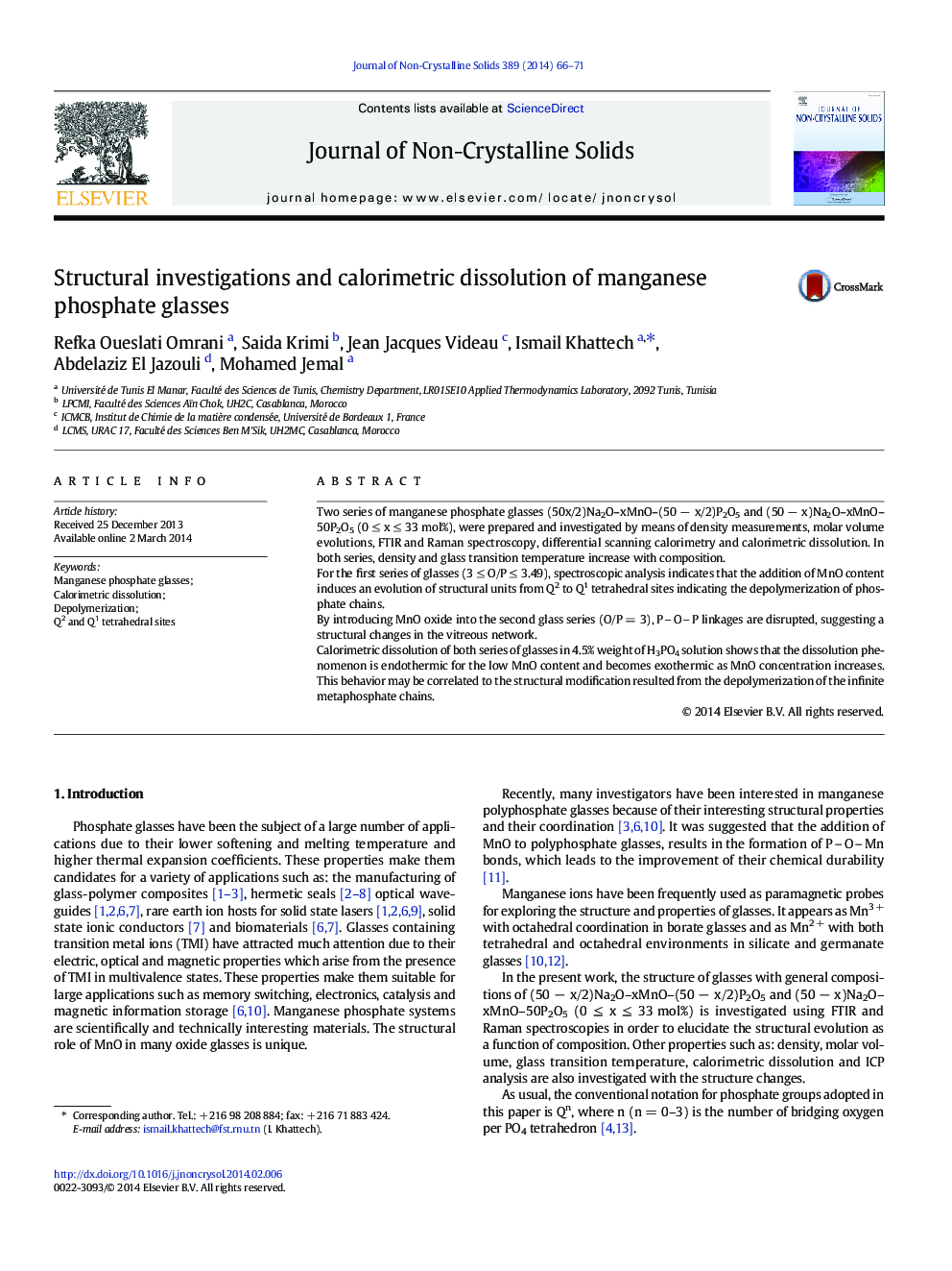 Structural investigations and calorimetric dissolution of manganese phosphate glasses