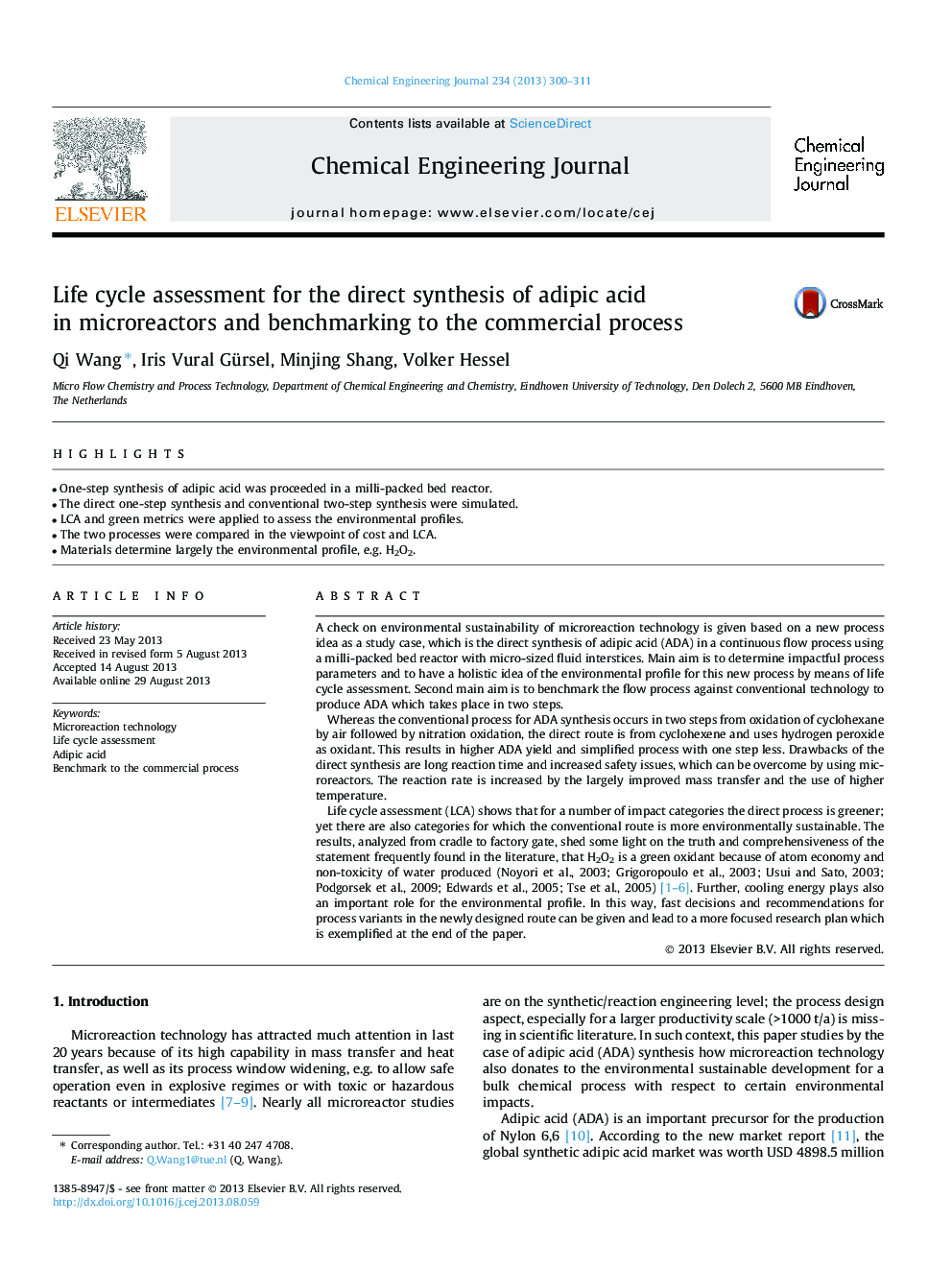 Life cycle assessment for the direct synthesis of adipic acid in microreactors and benchmarking to the commercial process