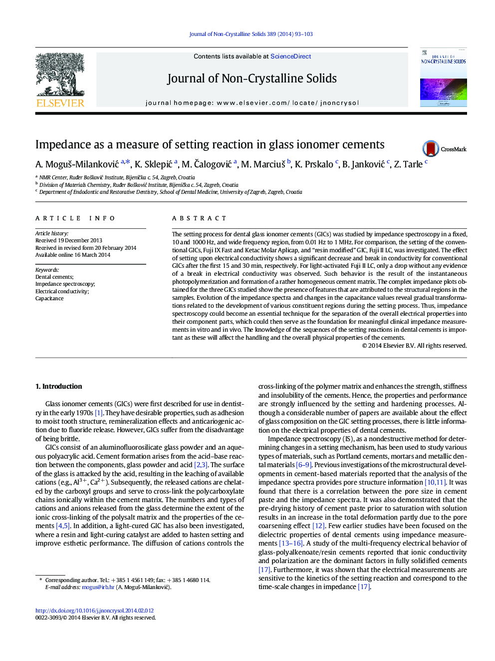 Impedance as a measure of setting reaction in glass ionomer cements