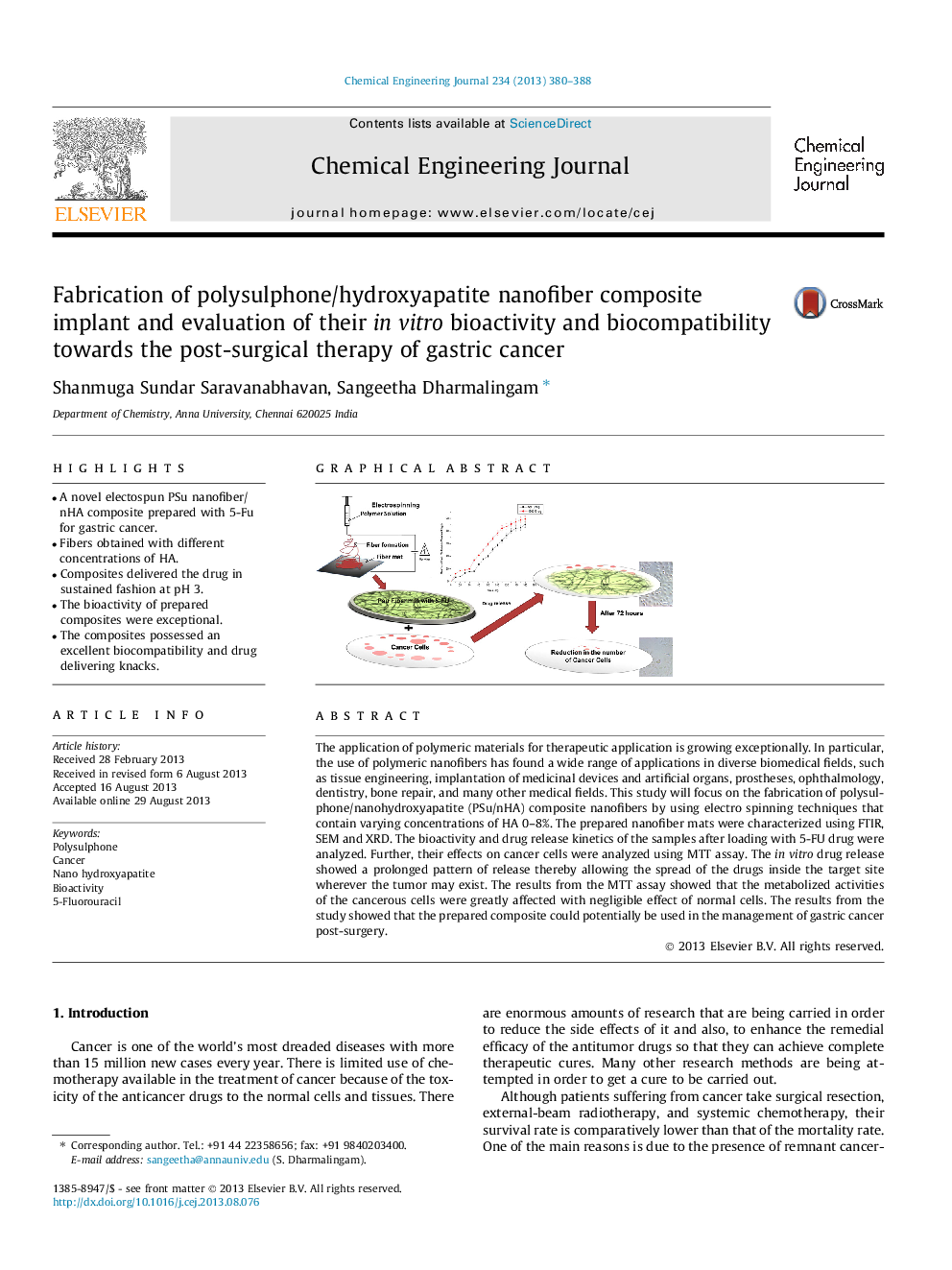 Fabrication of polysulphone/hydroxyapatite nanofiber composite implant and evaluation of their in vitro bioactivity and biocompatibility towards the post-surgical therapy of gastric cancer