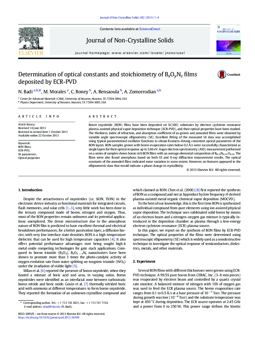 Determination of optical constants and stoichiometry of BxOyNz films deposited by ECR-PVD