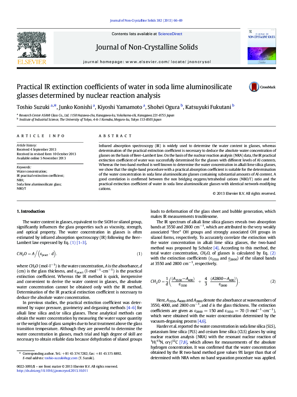 Practical IR extinction coefficients of water in soda lime aluminosilicate glasses determined by nuclear reaction analysis