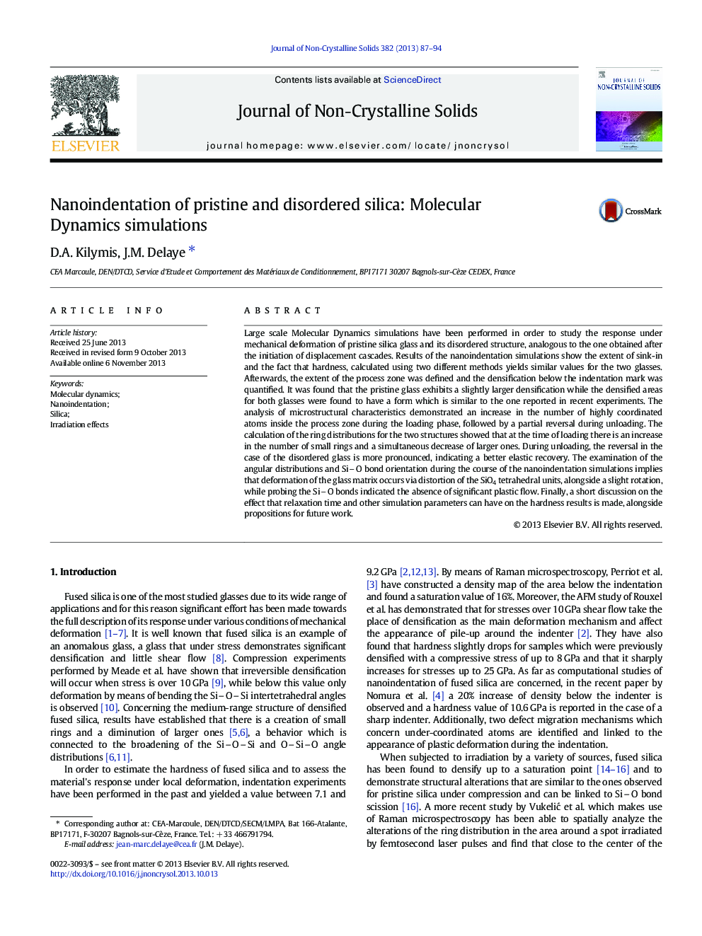 Nanoindentation of pristine and disordered silica: Molecular Dynamics simulations