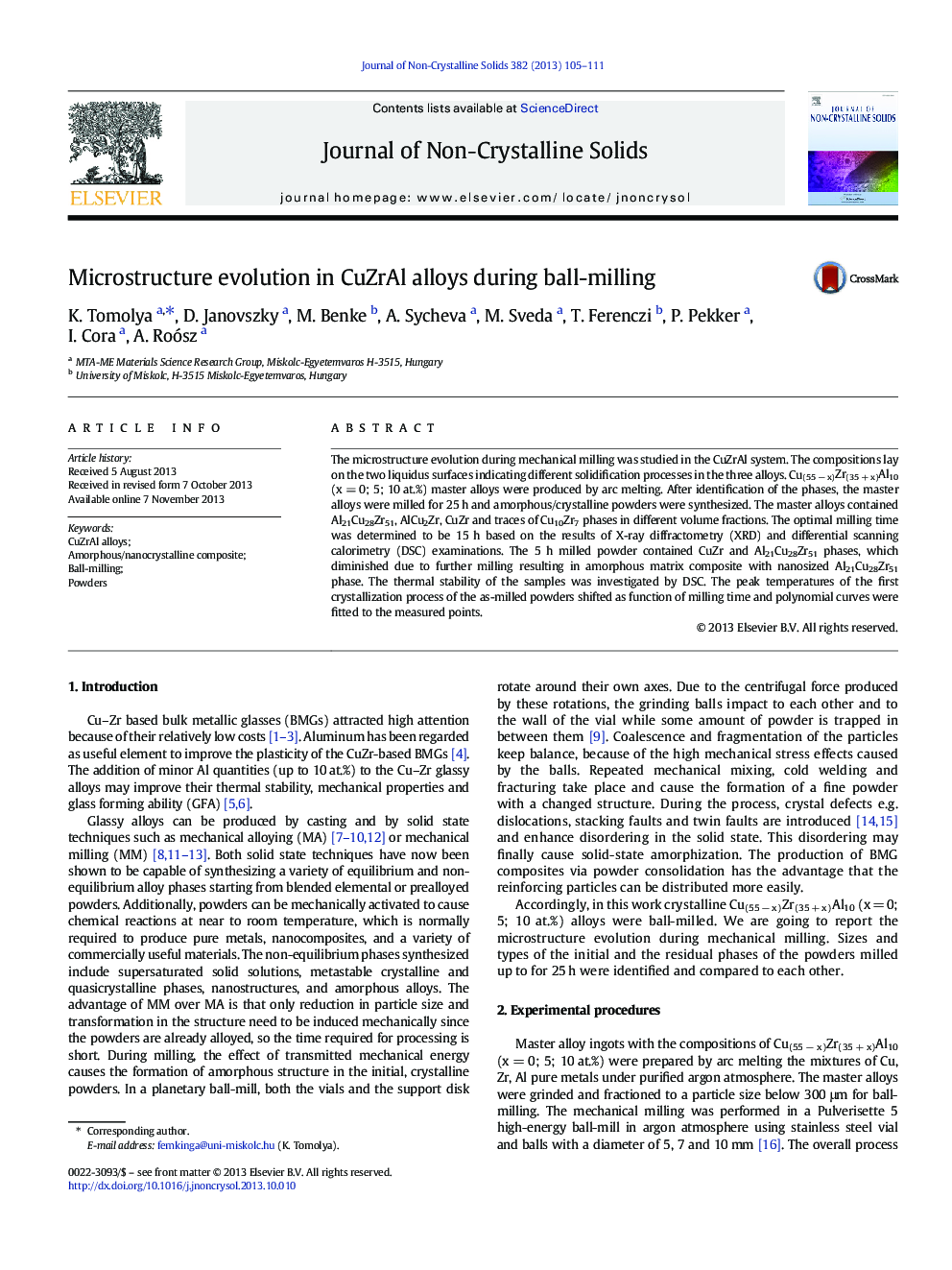 Microstructure evolution in CuZrAl alloys during ball-milling