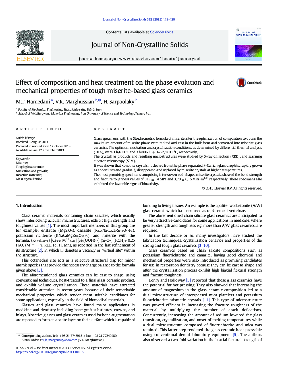 Effect of composition and heat treatment on the phase evolution and mechanical properties of tough miserite-based glass ceramics