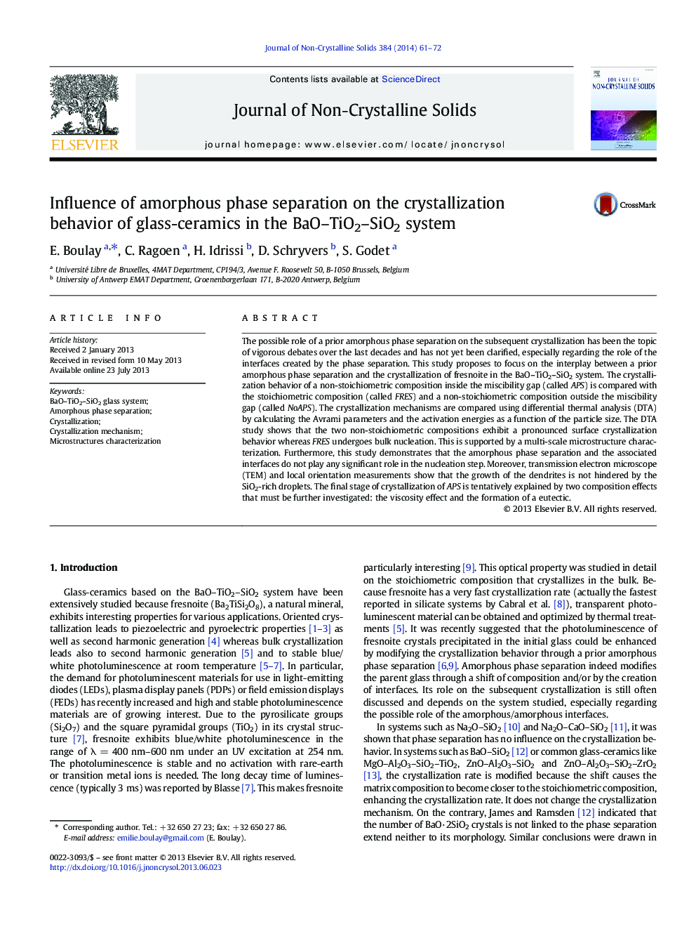 Influence of amorphous phase separation on the crystallization behavior of glass-ceramics in the BaO–TiO2–SiO2 system