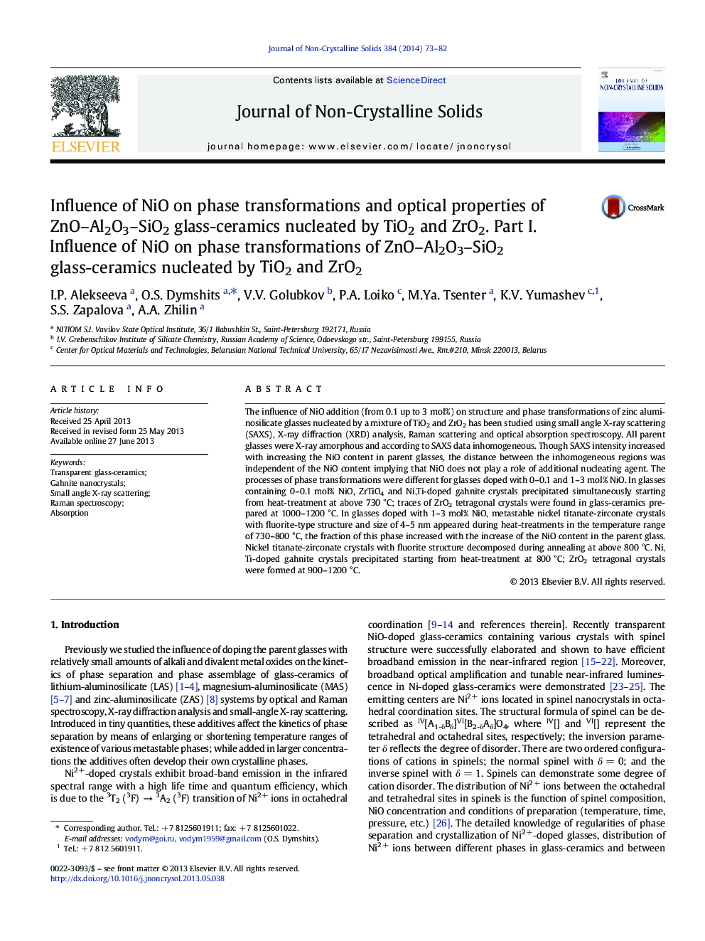 Influence of NiO on phase transformations and optical properties of ZnO–Al2O3–SiO2 glass-ceramics nucleated by TiO2 and ZrO2. Part I. Influence of NiO on phase transformations of ZnO–Al2O3–SiO2 glass-ceramics nucleated by TiO2 and ZrO2