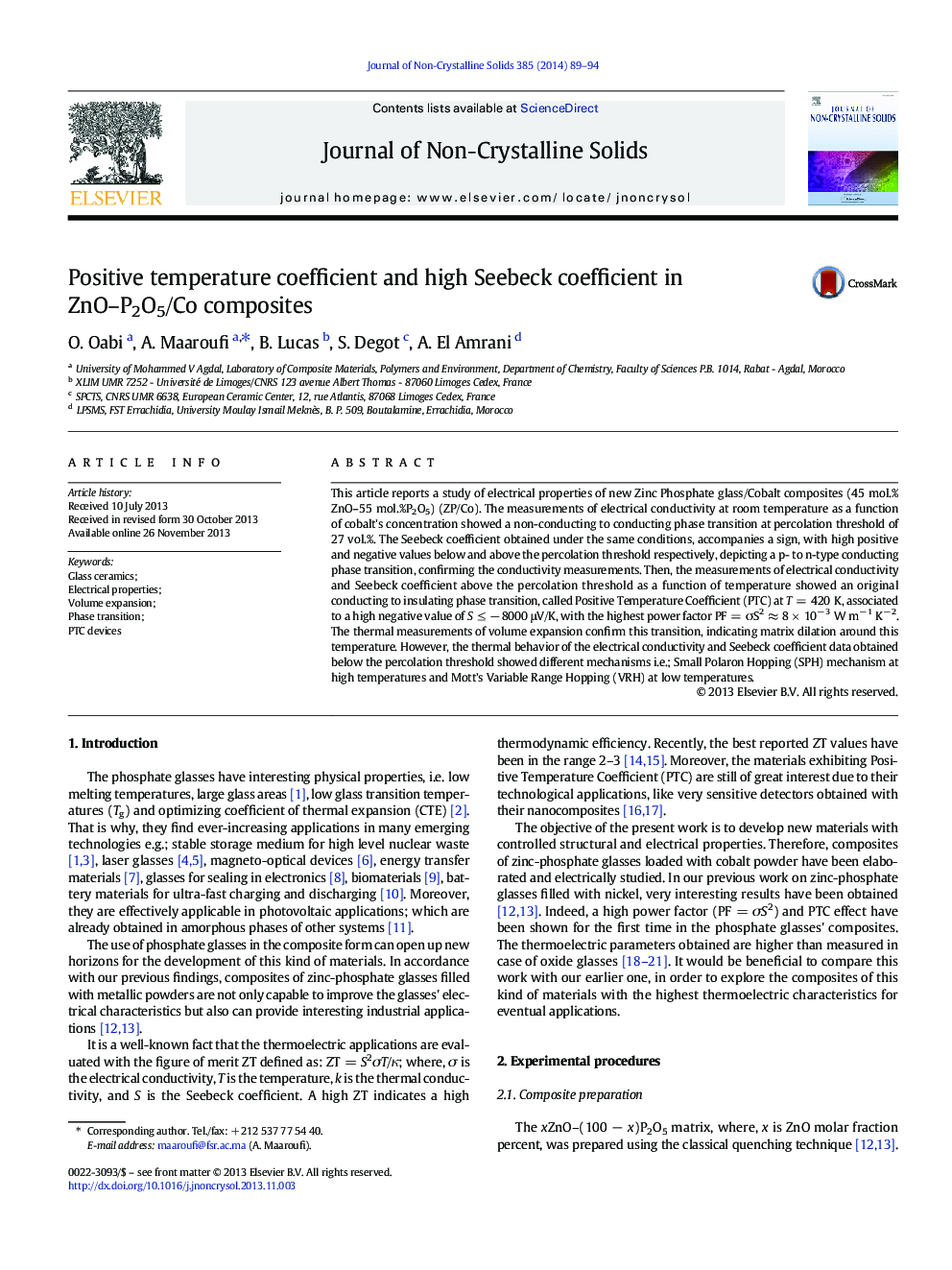 Positive temperature coefficient and high Seebeck coefficient in ZnO–P2O5/Co composites