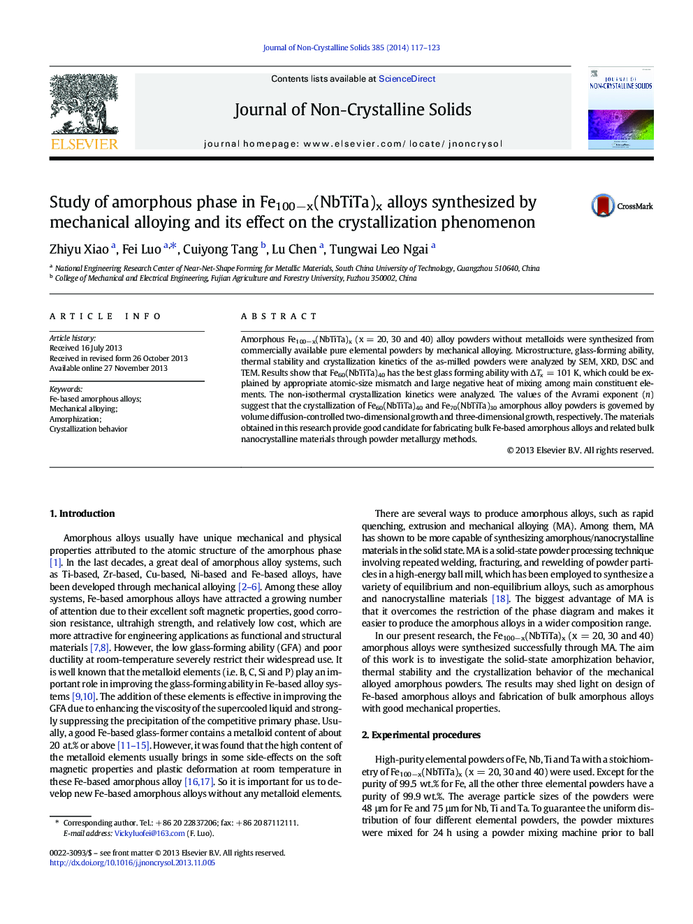 Study of amorphous phase in Fe100−x(NbTiTa)x alloys synthesized by mechanical alloying and its effect on the crystallization phenomenon