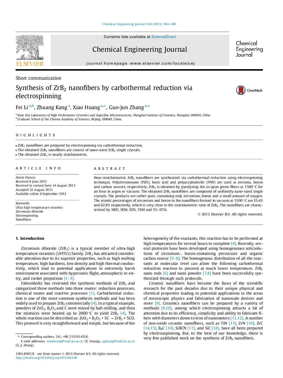 Synthesis of ZrB2 nanofibers by carbothermal reduction via electrospinning