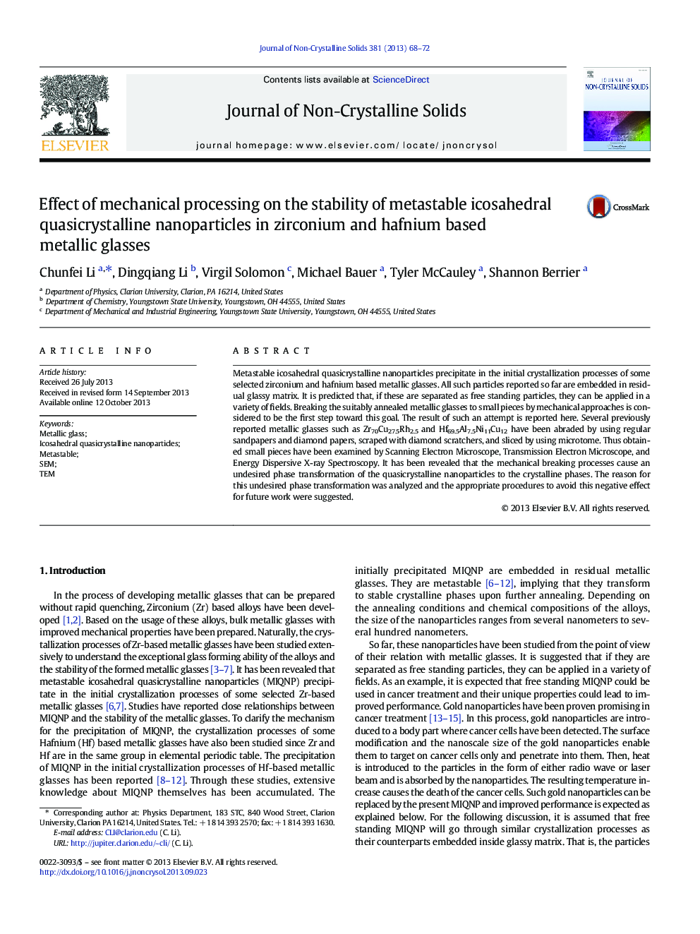 Effect of mechanical processing on the stability of metastable icosahedral quasicrystalline nanoparticles in zirconium and hafnium based metallic glasses