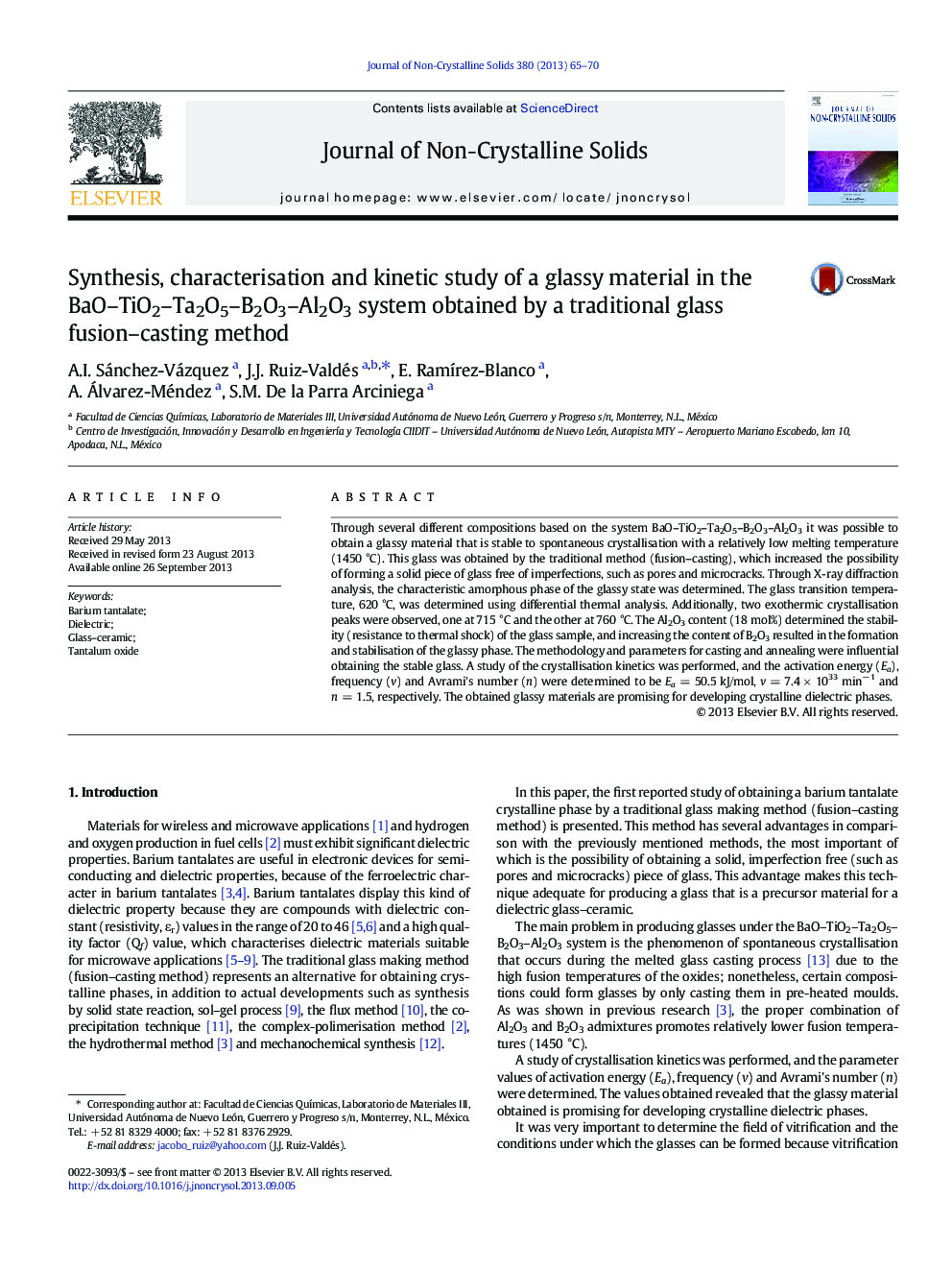 Synthesis, characterisation and kinetic study of a glassy material in the BaO–TiO2–Ta2O5–B2O3–Al2O3 system obtained by a traditional glass fusion–casting method