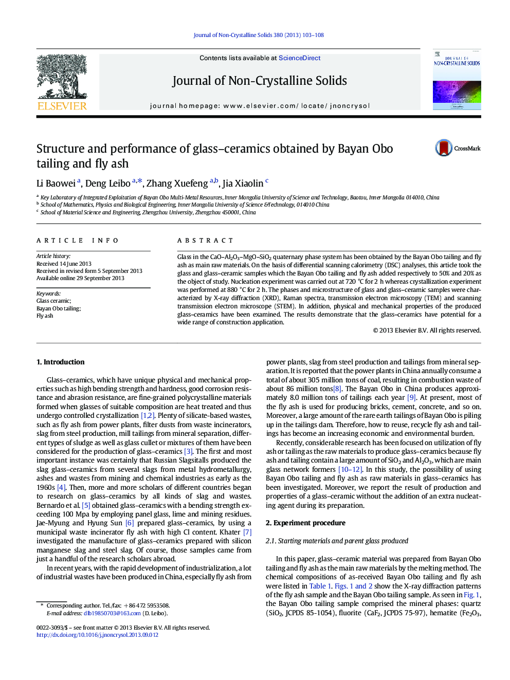 Structure and performance of glass–ceramics obtained by Bayan Obo tailing and fly ash