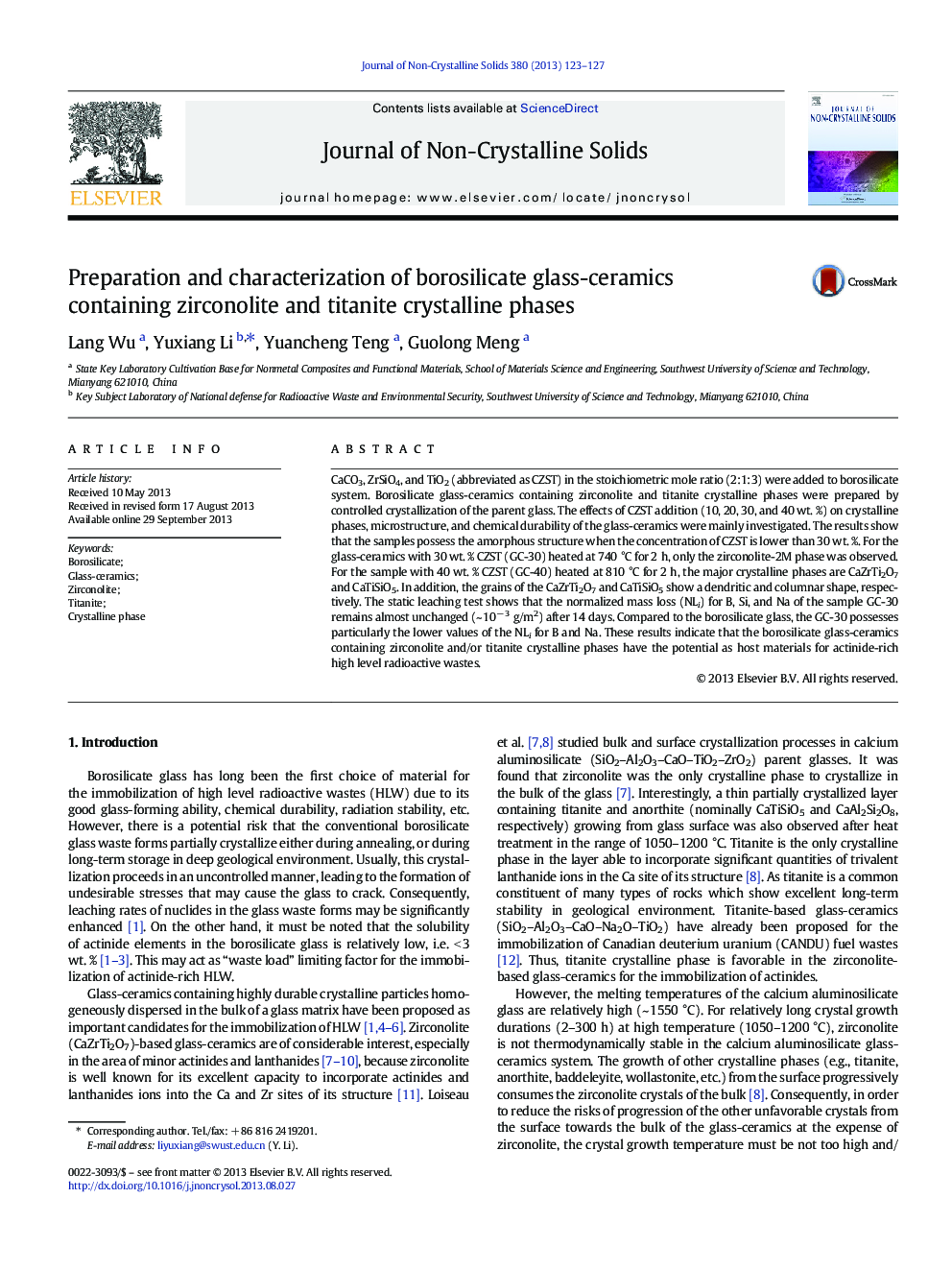 Preparation and characterization of borosilicate glass-ceramics containing zirconolite and titanite crystalline phases