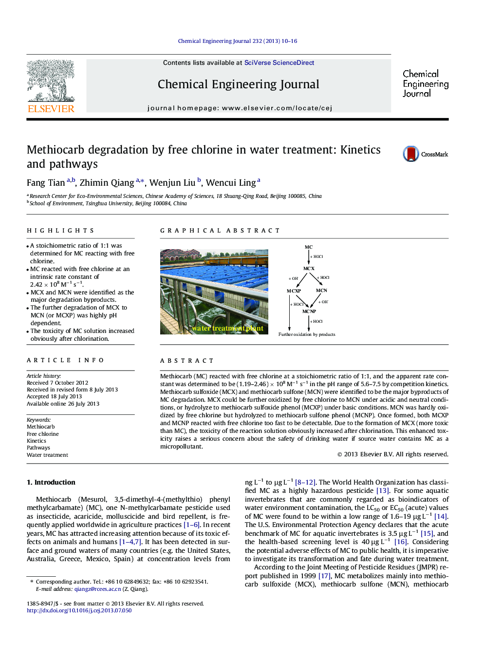 Methiocarb degradation by free chlorine in water treatment: Kinetics and pathways