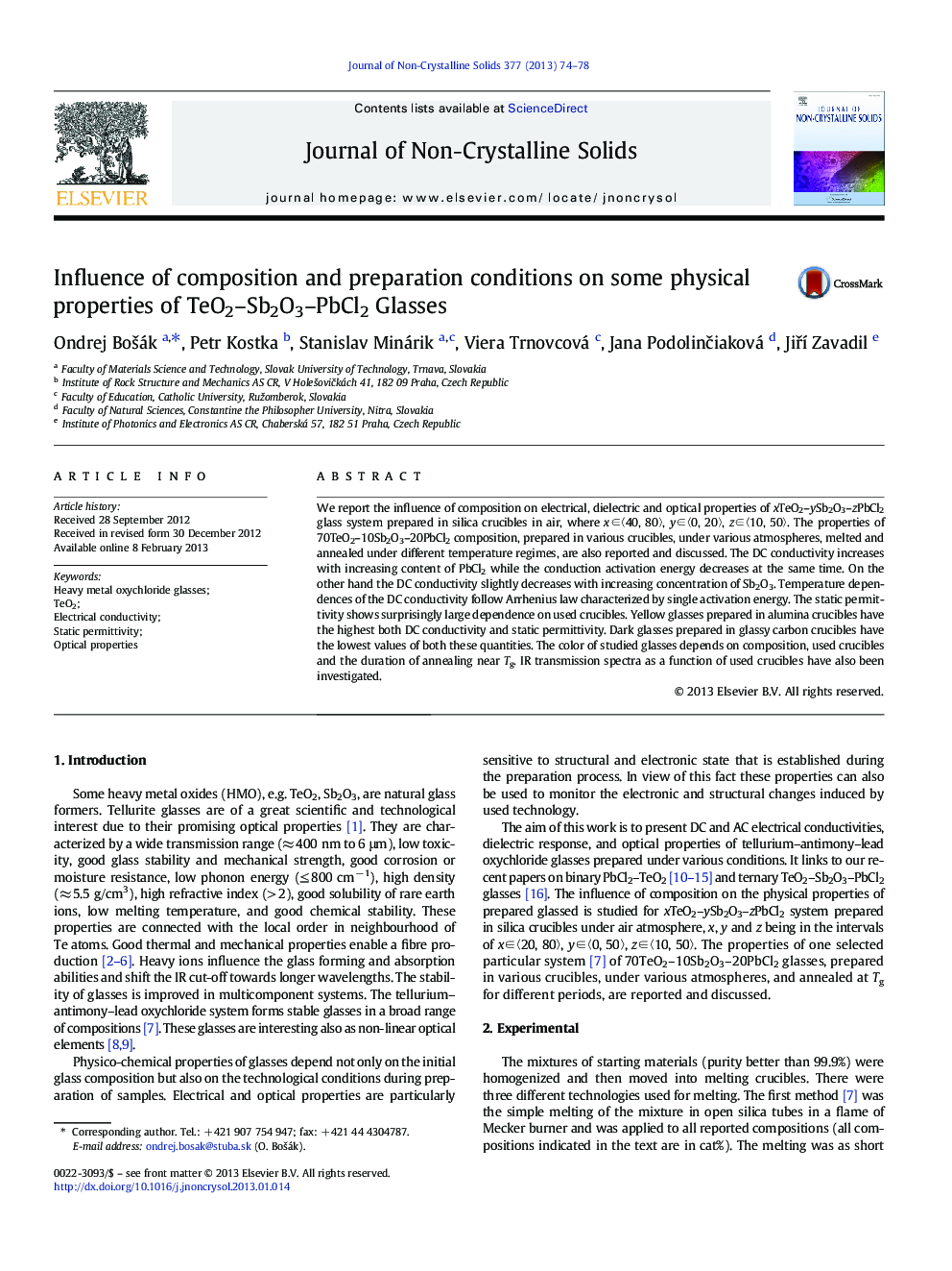 Influence of composition and preparation conditions on some physical properties of TeO2–Sb2O3–PbCl2 Glasses