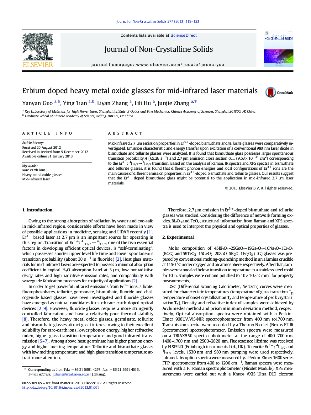 Erbium doped heavy metal oxide glasses for mid-infrared laser materials