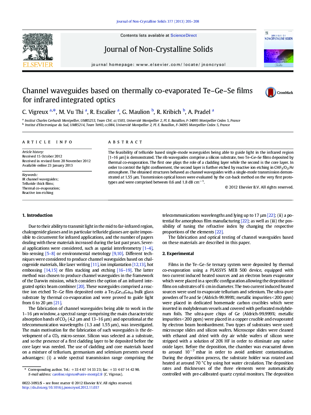 Channel waveguides based on thermally co-evaporated Te–Ge–Se films for infrared integrated optics