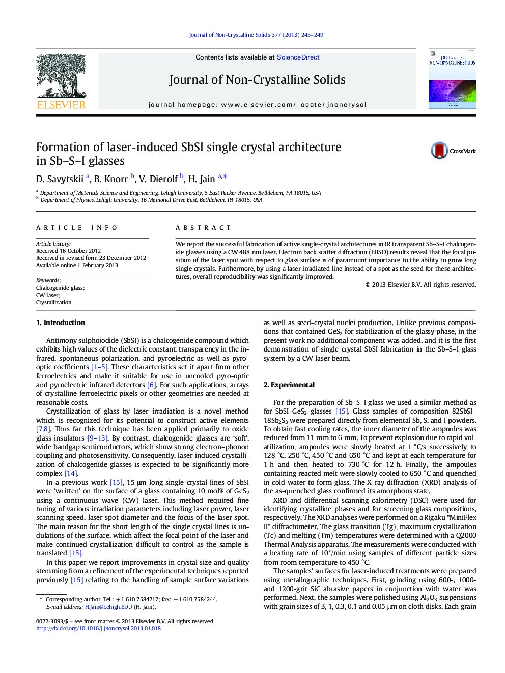 Formation of laser-induced SbSI single crystal architecture in Sb–S–I glasses