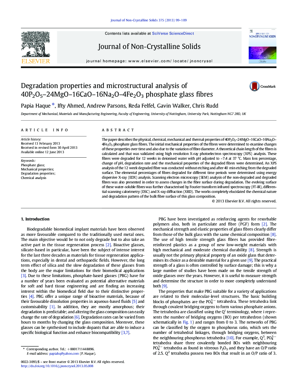 Degradation properties and microstructural analysis of 40P2O5–24MgO–16CaO–16Na2O–4Fe2O3 phosphate glass fibres