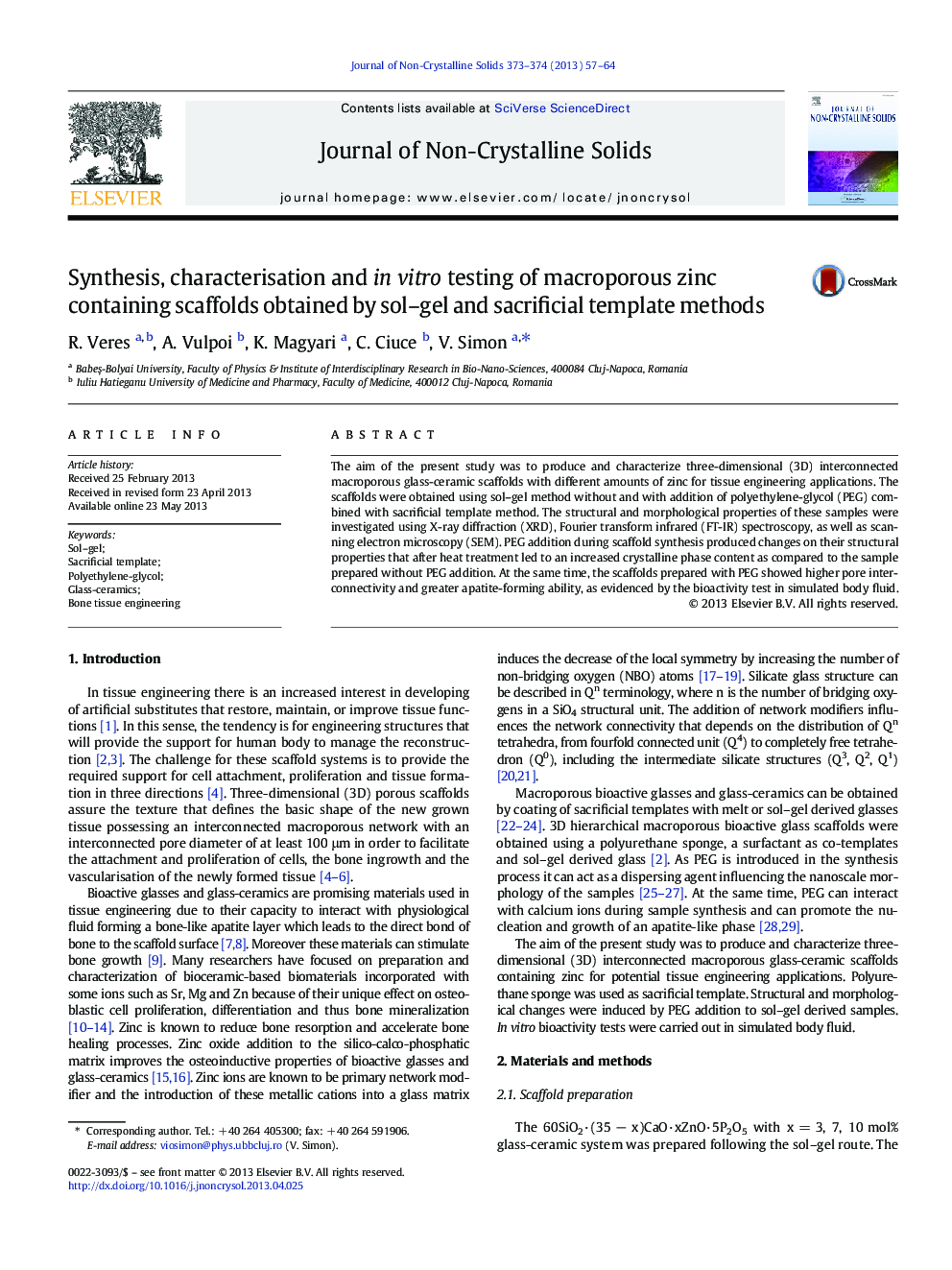 عکس صفحه اول مقاله: Synthesis, characterisation and in vitro testing of macroporous zinc containing scaffolds obtained by sol–gel and sacrificial template methods Synthesis, characterisation and in vitro testing of macroporous zinc containing scaffolds obtained by sol–gel and sacrificial template methods