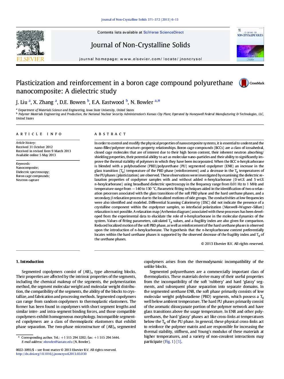 عکس صفحه اول مقاله: Plasticization and reinforcement in a boron cage compound polyurethane nanocomposite: A dielectric study Plasticization and reinforcement in a boron cage compound polyurethane nanocomposite: A dielectric study