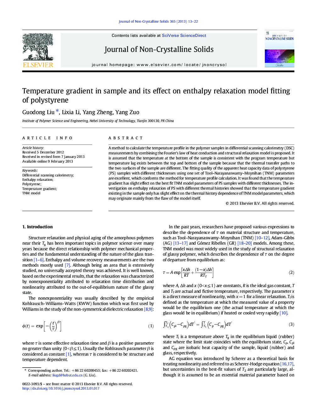 Temperature gradient in sample and its effect on enthalpy relaxation model fitting of polystyrene