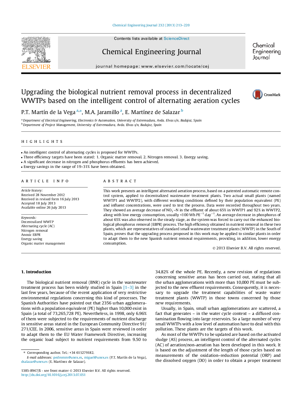 عکس صفحه اول مقاله: Upgrading the biological nutrient removal process in decentralized WWTPs based on the intelligent control of alternating aeration cycles Upgrading the biological nutrient removal process in decentralized WWTPs based on the intelligent control of alternating aeration cycles