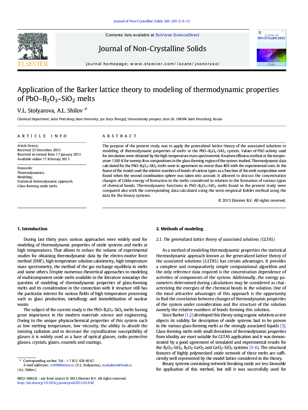 Application of the Barker lattice theory to modeling of thermodynamic properties of PbO–B2O3–SiO2 melts