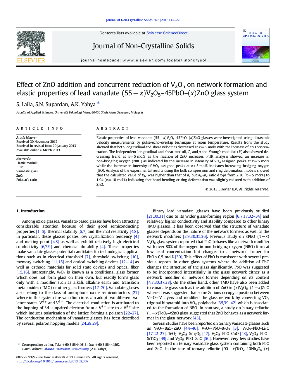 Effect of ZnO addition and concurrent reduction of V2O5 on network formation and elastic properties of lead vanadate (55 − x)V2O5–45PbO–(x)ZnO glass system