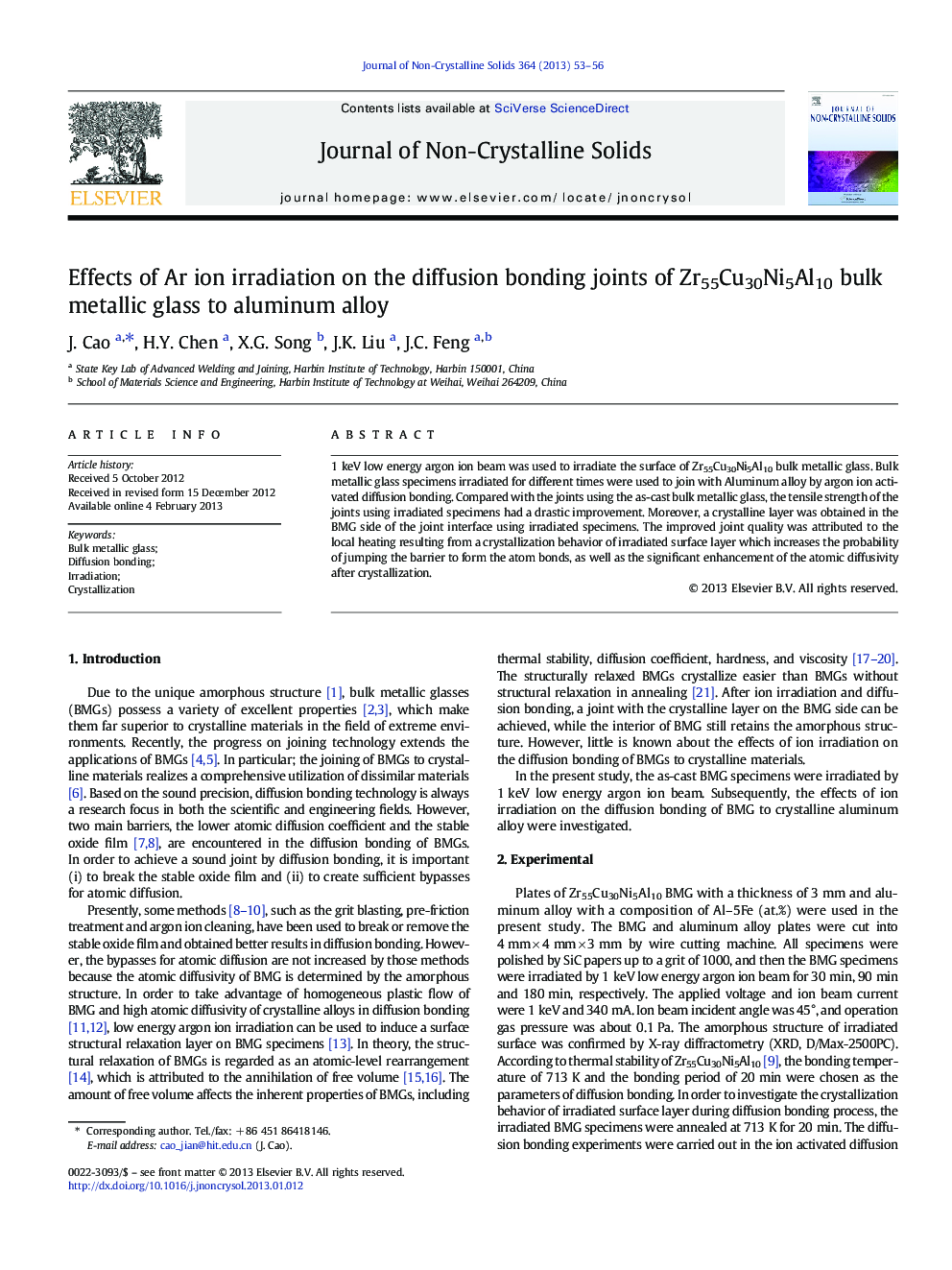 Effects of Ar ion irradiation on the diffusion bonding joints of Zr55Cu30Ni5Al10 bulk metallic glass to aluminum alloy