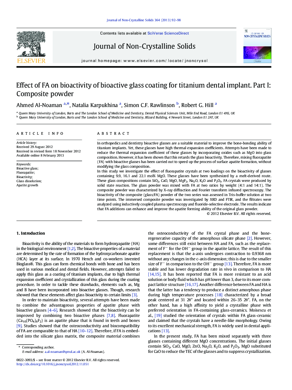 Effect of FA on bioactivity of bioactive glass coating for titanium dental implant. Part I: Composite powder