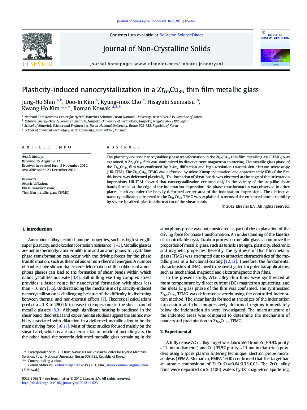 Plasticity-induced nanocrystallization in a Zr65Cu35 thin film metallic glass