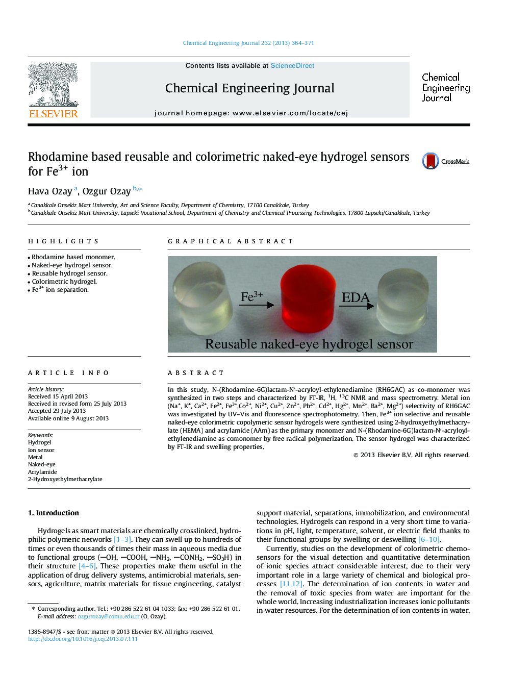 Rhodamine based reusable and colorimetric naked-eye hydrogel sensors for Fe3+ ion