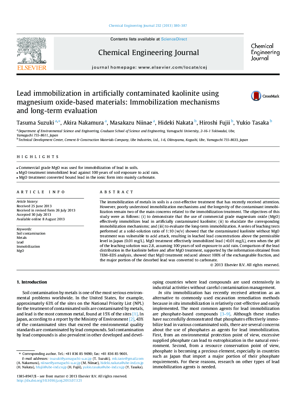 عکس صفحه اول مقاله: Lead immobilization in artificially contaminated kaolinite using magnesium oxide-based materials: Immobilization mechanisms and long-term evaluation Lead immobilization in artificially contaminated kaolinite using magnesium oxide-based materials: Immobilization mechanisms and long-term evaluation