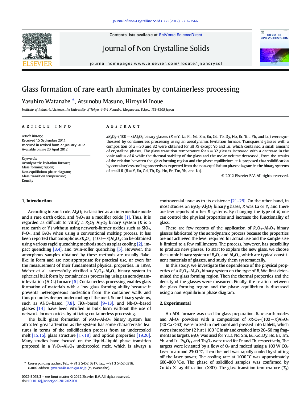 Glass formation of rare earth aluminates by containerless processing