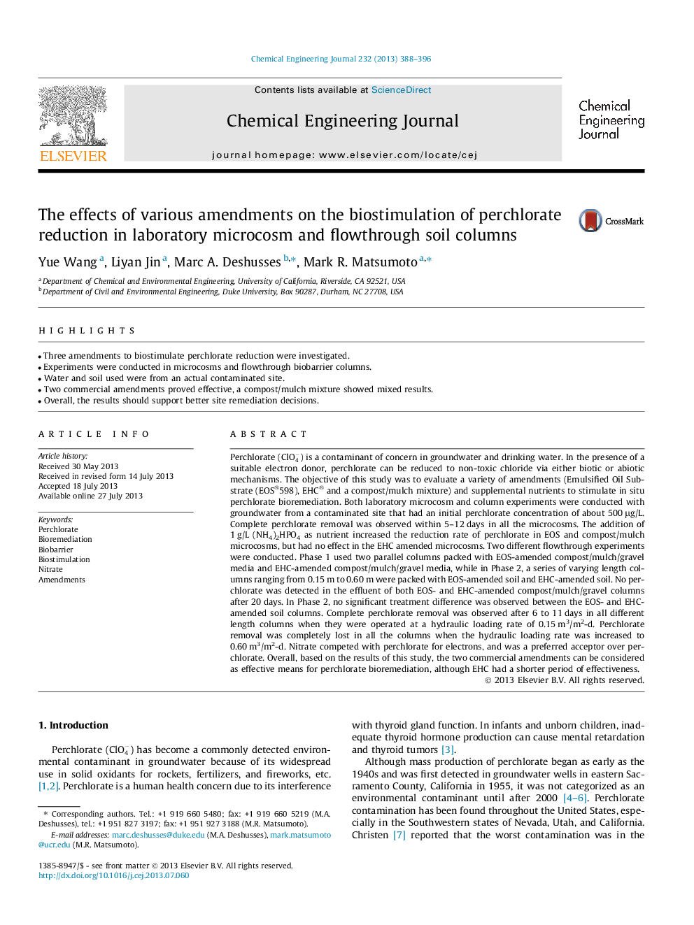 The effects of various amendments on the biostimulation of perchlorate reduction in laboratory microcosm and flowthrough soil columns