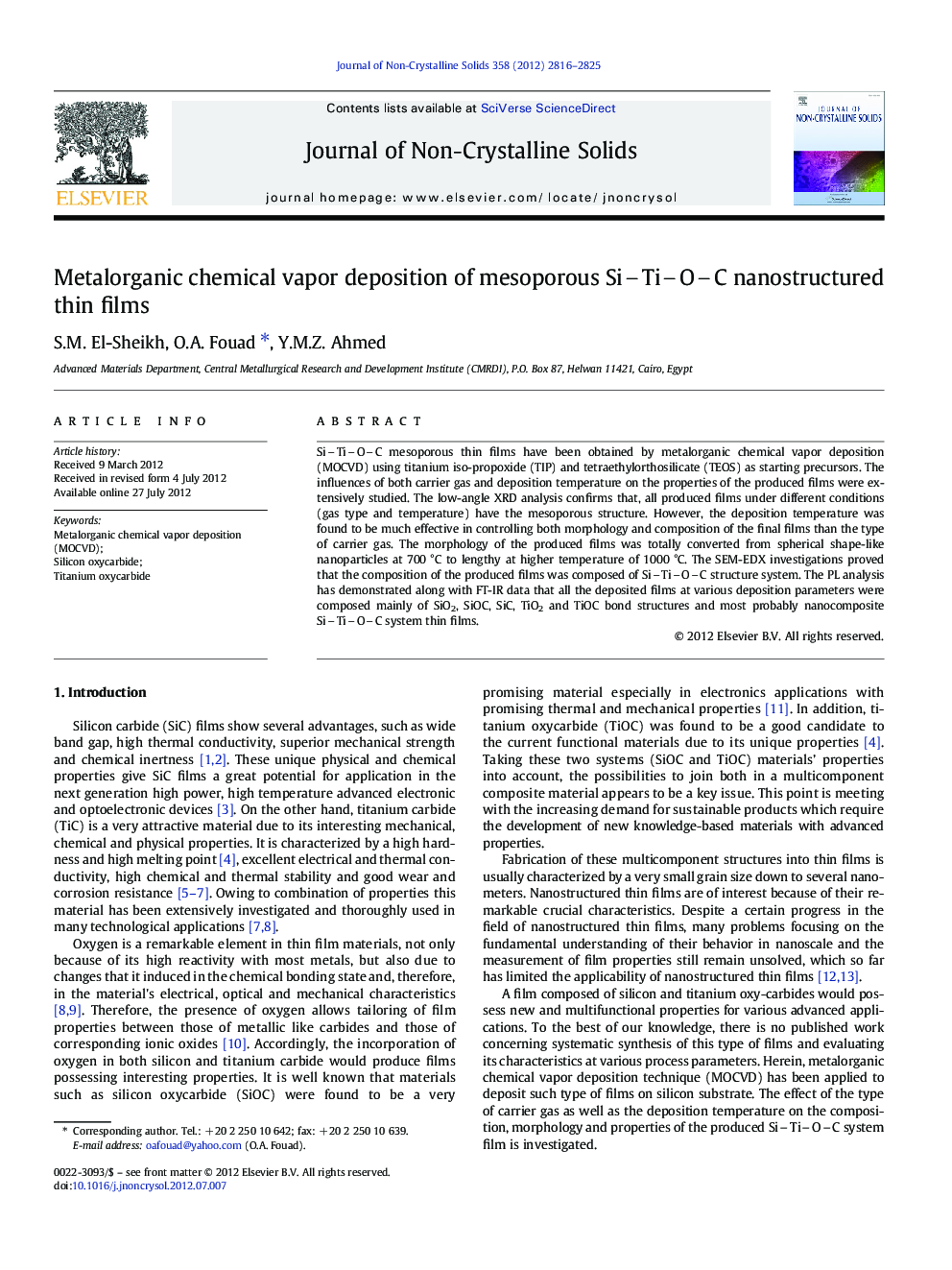 Metalorganic chemical vapor deposition of mesoporous SiTiOC nanostructured thin films