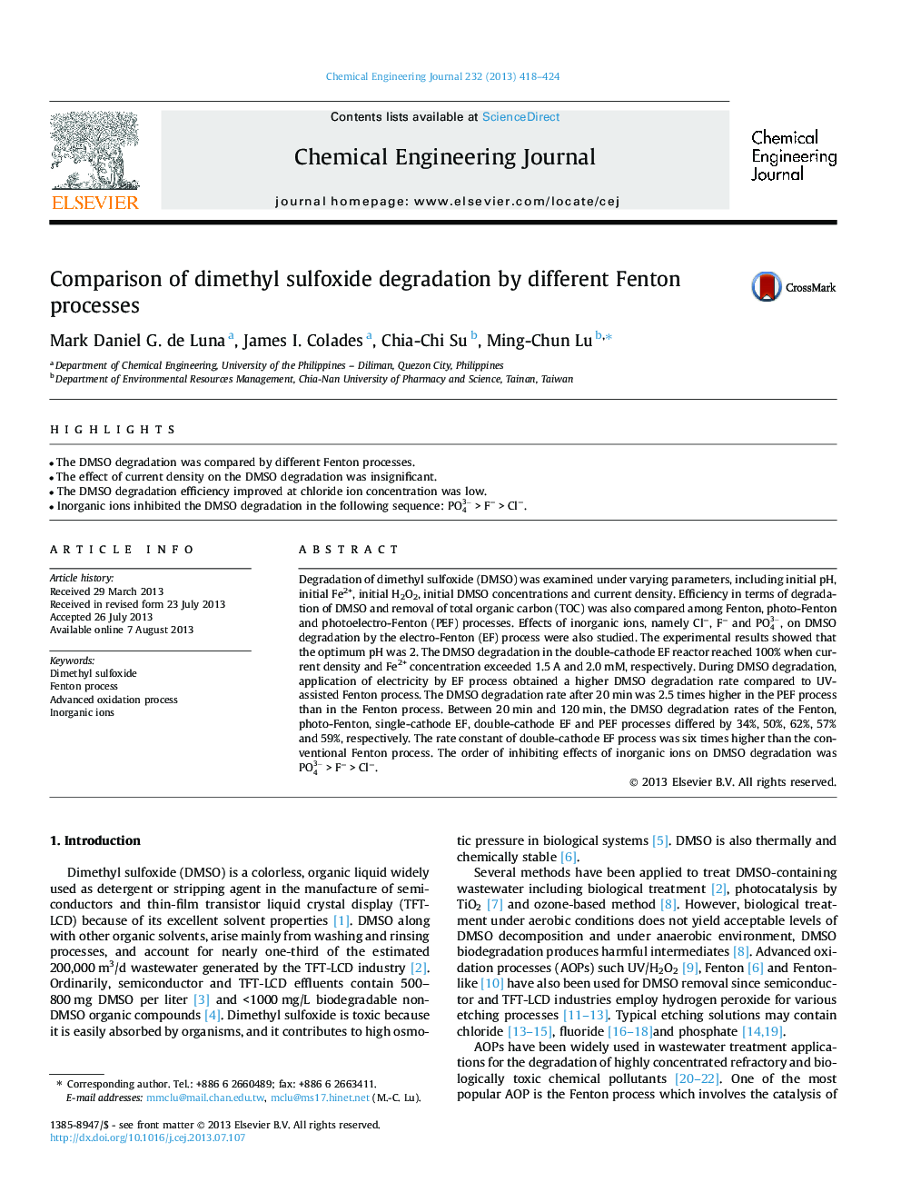 Comparison of dimethyl sulfoxide degradation by different Fenton processes