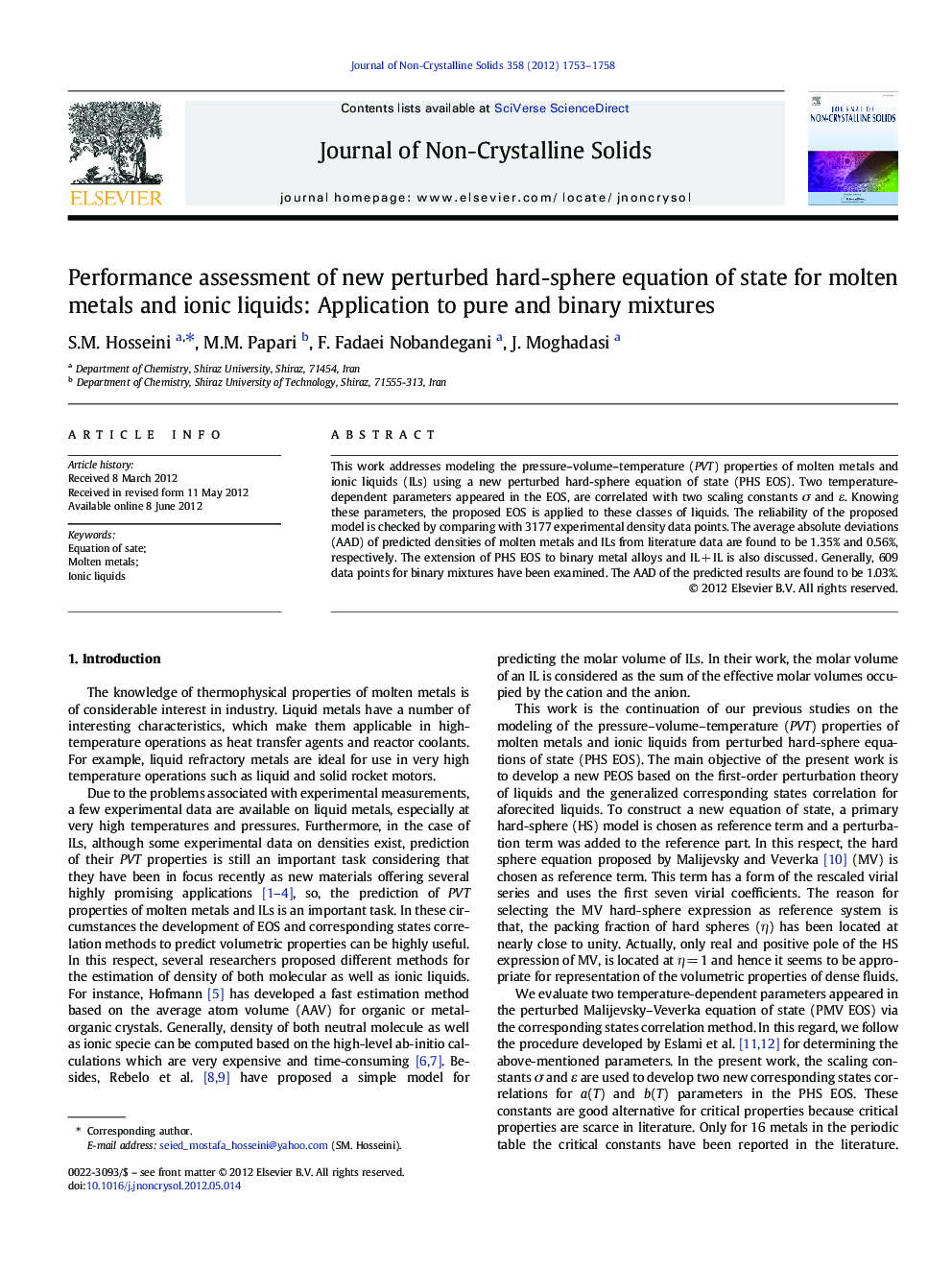 عکس صفحه اول مقاله: Performance assessment of new perturbed hard-sphere equation of state for molten metals and ionic liquids: Application to pure and binary mixtures Performance assessment of new perturbed hard-sphere equation of state for molten metals and ionic liquids: Application to pure and binary mixtures