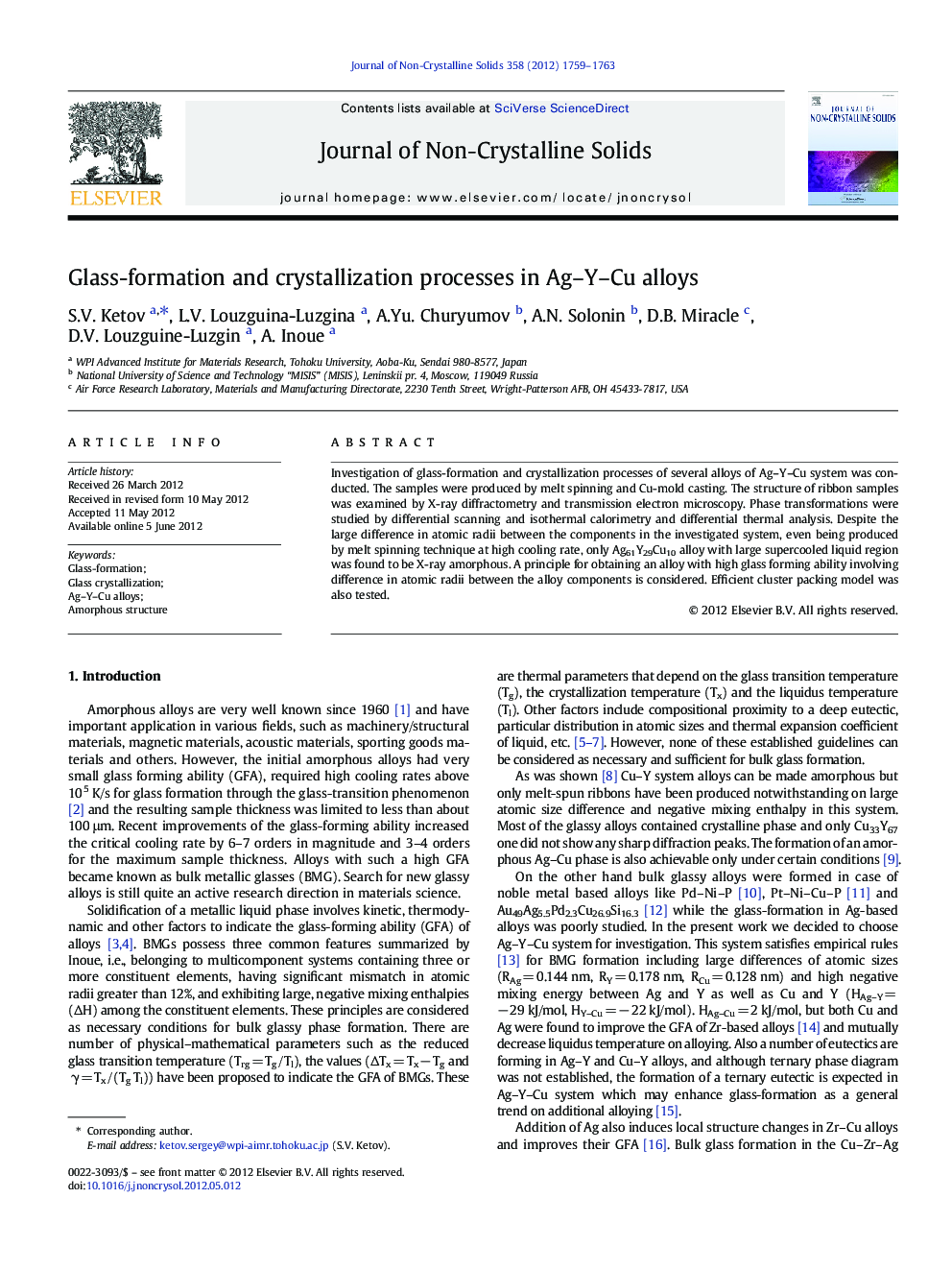 عکس صفحه اول مقاله: Glass-formation and crystallization processes in Ag–Y–Cu alloys Glass-formation and crystallization processes in Ag–Y–Cu alloys