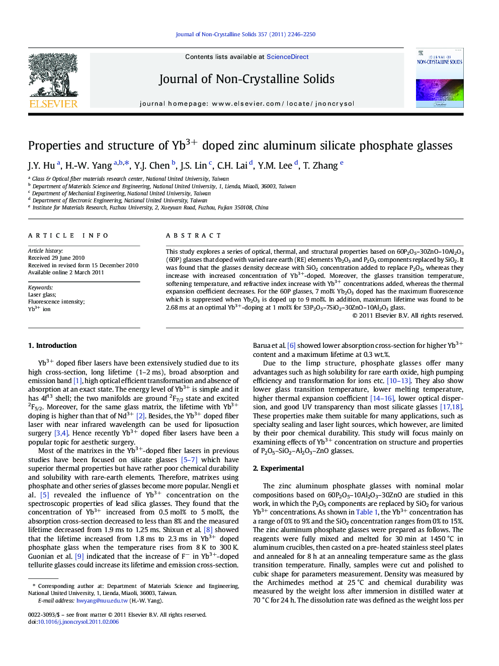 Properties and structure of Yb3+ doped zinc aluminum silicate phosphate glasses