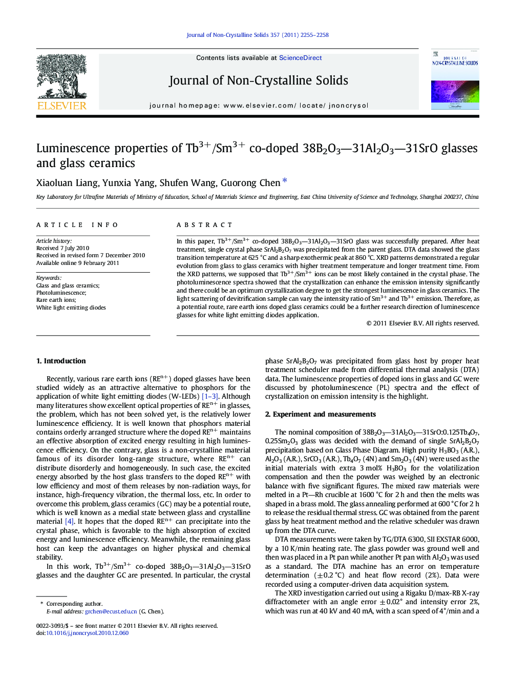 Luminescence properties of Tb3+/Sm3+ co-doped 38B2O3―31Al2O3―31SrO glasses and glass ceramics