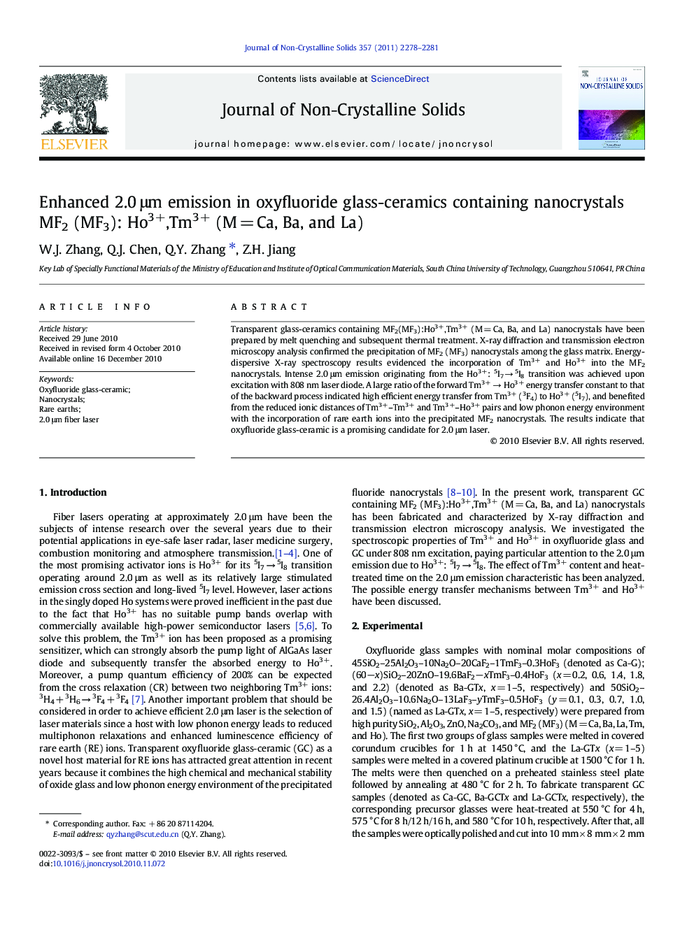 Enhanced 2.0Â Î¼m emission in oxyfluoride glass-ceramics containing nanocrystals MF2 (MF3): Ho3+,Tm3+ (MÂ =Â Ca, Ba, and La)