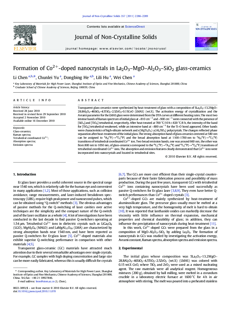 Formation of Co2+-doped nanocrystals in La2O3–MgO–Al2O3–SiO2 glass-ceramics