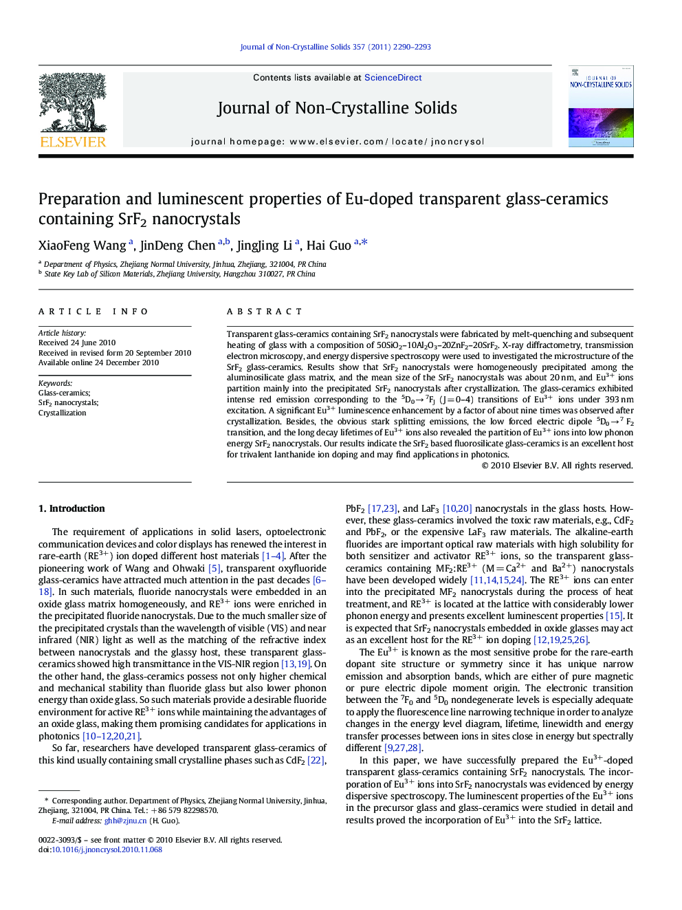 Preparation and luminescent properties of Eu-doped transparent glass-ceramics containing SrF2 nanocrystals