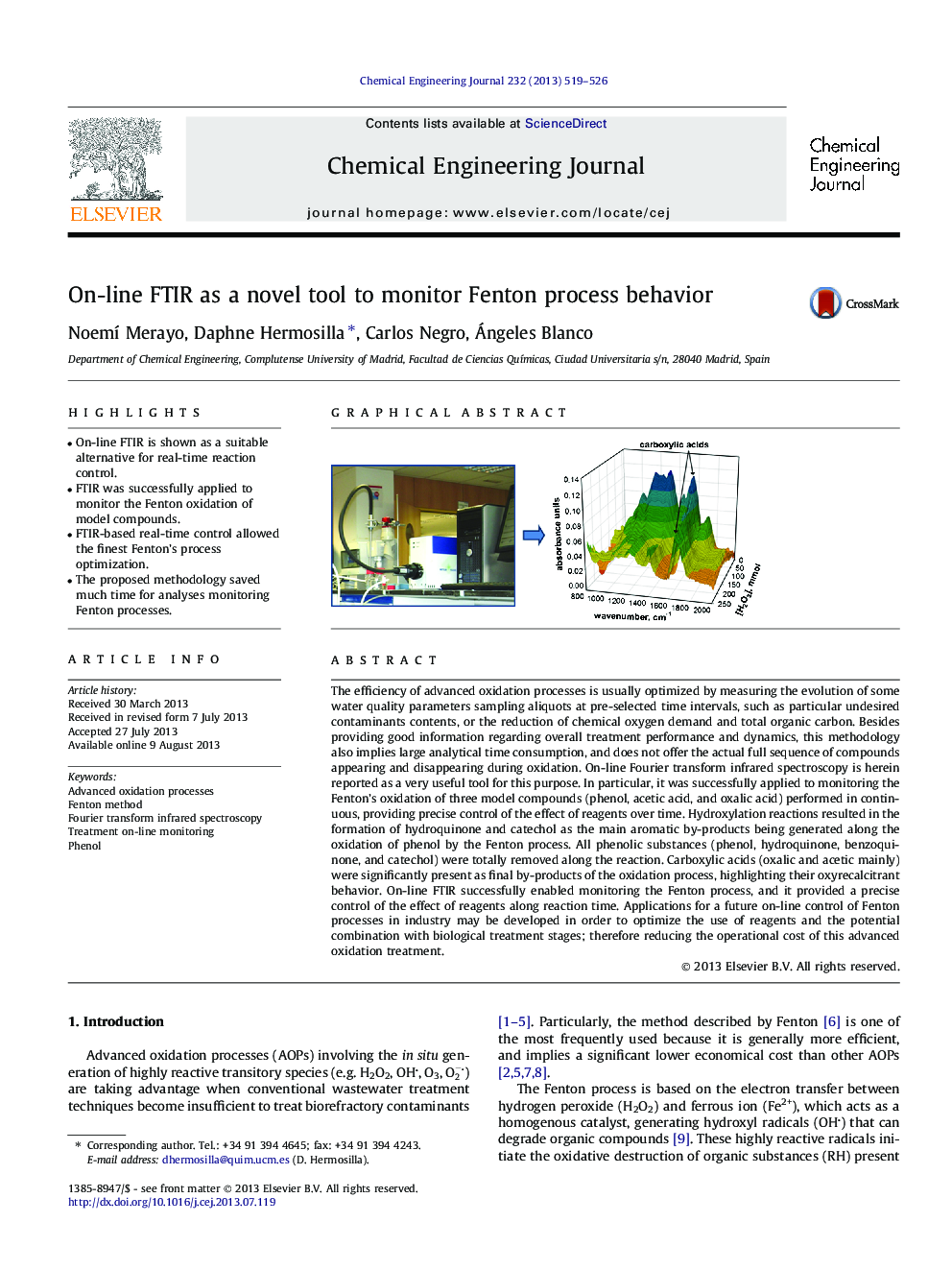 On-line FTIR as a novel tool to monitor Fenton process behavior